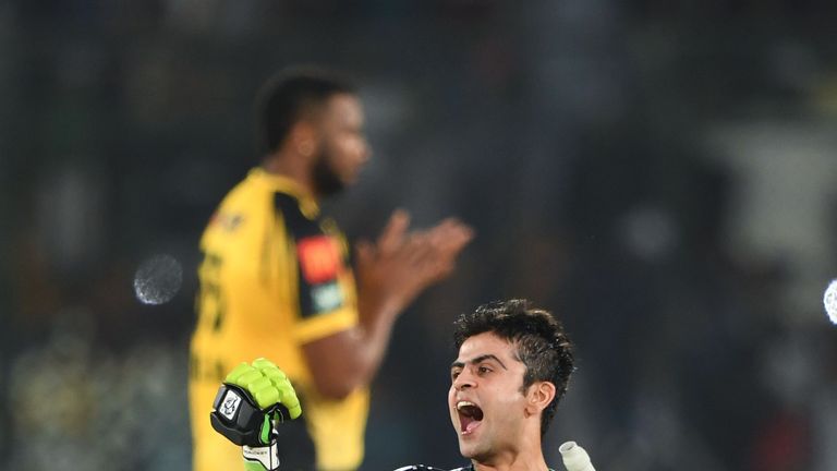 Ahmed Shehzad celebrates as the Quetta Gladiators win the 2019 Pakistan Super League