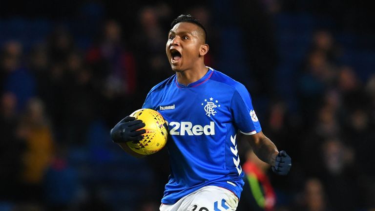 Alfredo Morelos celebrates scoring for Rangers against Kilmarnock