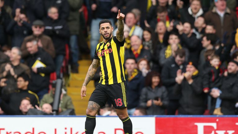 Andre Gray celebrates after scoring Watford's second goal vs Crystal Palace in the FA Cup