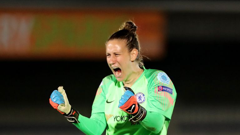 Chelsea Women goalkeeper Ann-Katrin Berger reacts as her side take the lead against PSG