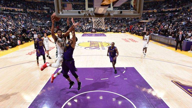 Giannis Antetokounmpo of the Milwaukee Bucks shoots the ball against the Los Angeles Lakers