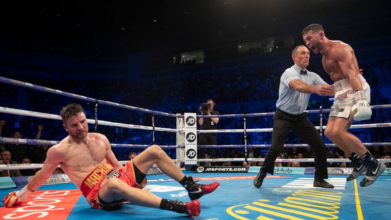 Scott Fitzgerald jumps for joy after dropping Anthony Fowler in the 10th round