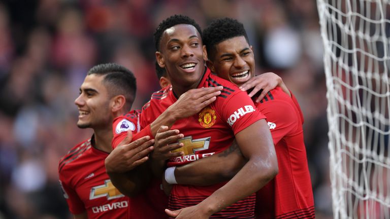 Anthony Martial celebrates with Marcus Rashford after scoring Manchester United's second goal