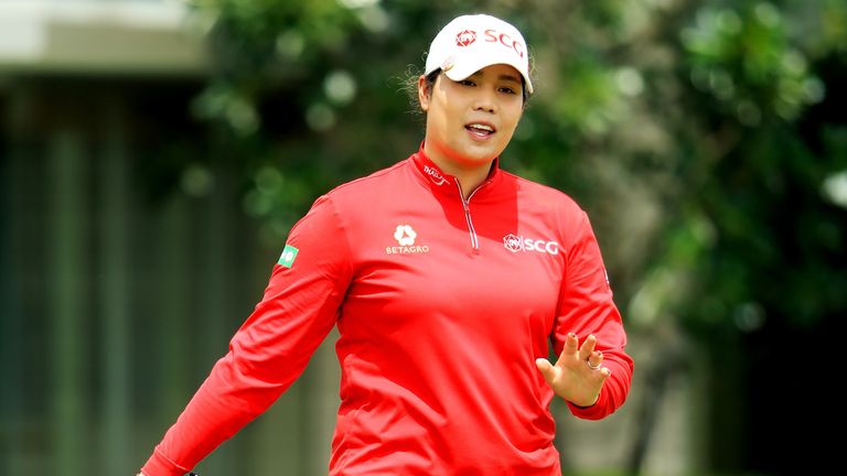 Ariya Jutanugarn of Thailand reacts on the 17th green during the third round of the HSBC Women's World Championship at Sentosa Golf Club on March 02, 2019 in Singapore