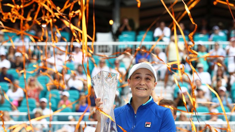 Ashleigh Barty of Australia celebrates with the trophy after her win against Karolina Pliskova of Czech Republic in the final during day thirteen of the Miami Open tennis on March 30, 2019 in Miami Gardens, Florida