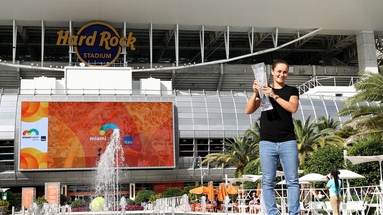 Ashleigh Barty of Australia poses with the winners trophy after defeating Karolina Pliskova of the Czech Republic during the Women's Final match on day 13 of the Miami Open presented by Itau at Hard Rock Stadium on March 30, 2019 in Miami Gardens, Florida