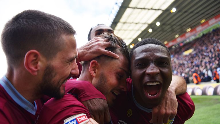 Jack Grealish celebrates his goal in Aston Villa&#39;s 1-0 win against Birmingham City at St Andrews.