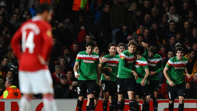 Athletic Bilbao players celebrate their goal against Manchester United at Old Trafford in 2012