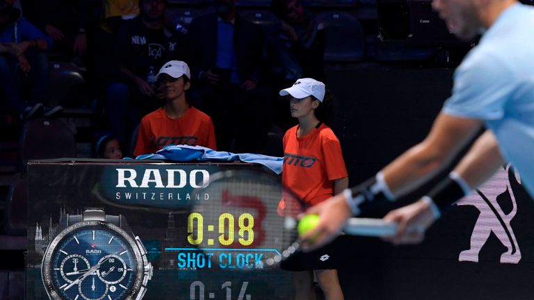 This general view shows the new ATP clock - featuring the 'shot clock' (in operation as part of a test of new rules) as Croatia's Borna Coric plays Jared Donaldson of the US in their Group B men's singles tennis match during the first edition of the Next Generation ATP Finals in Milan on November 7, 2017
