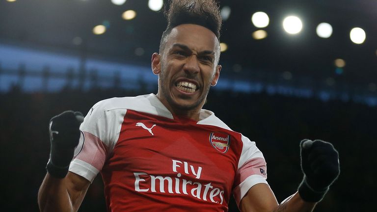 Pierre-Emerick Aubameyang celebrates scoring Arsenal's second goal against Manchester United in the Premier League.