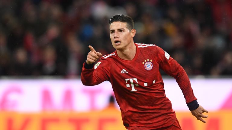 James Rodriguez celebrates scoring for Bayern Munich against Mainz