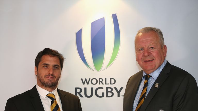 during a media conference to introduce the new World Rugby Chairman and Vice-Chairman on May 11, 2016 in Dublin, Ireland.