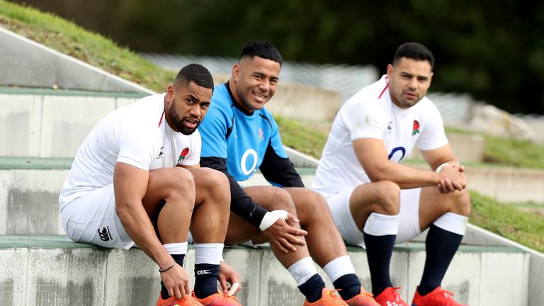 Joe Cokanasiga, Manu Tuilagi and Ben Te'o look on ahead of England training at Pennyhill Park