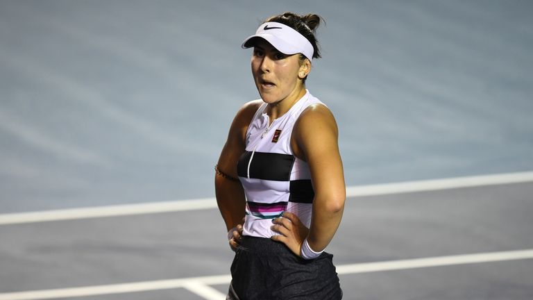 Canadian tennis player Bianca Andreescu reacts during a WTA Mexico Open singles semifinal match against US tennis player Sofia Kenin (out of frame) in Acapulco, Guerrero State, Mexico, on March 1, 2019