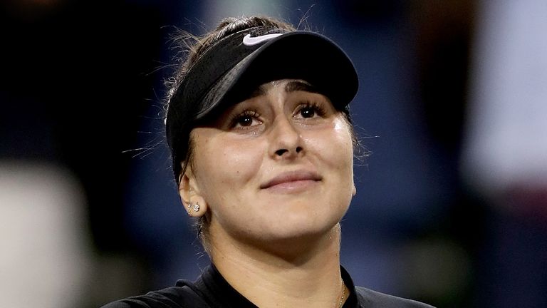 Bianca Andreescu of Canada celebrates her win over Elina Svitolina of Ukraine during the semifinals of the BNP Paribas Open at the Indian Wells Tennis Garden on March 15, 2019 in Indian Wells, California.