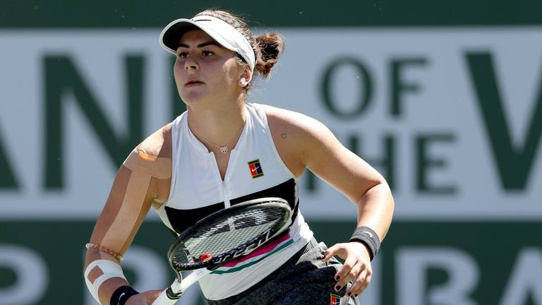 Bianca Andreescu of Canada plays Angelique Kerber of Germany during the women's final of the BNP Paribas Open at the Indian Wells Tennis Garden on March 17, 2019 in Indian Wells, California.