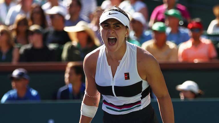 Bianca Andreescu of Canada celebrates a point against Angelique Kerber of Germany during their women's singles final on day fourteen of the BNP Paribas Open at the Indian Wells Tennis Garden on March 17, 2019 in Indian Wells, California