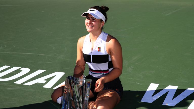 Bianca Andreescu of Canada reacts with the trophy after defeating Angelique Kerber of Germany after their women's singles final match at the BNP Paribas Open at the Indian Wells Tennis Garden on March 17, 2019 in Indian Wells, California