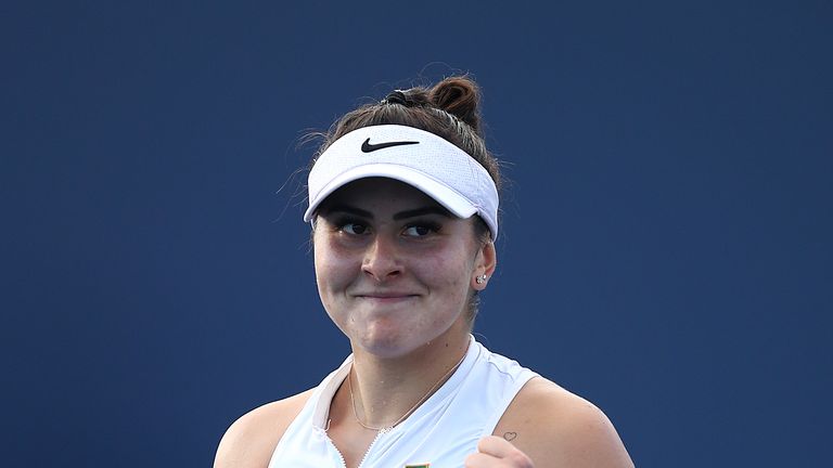 Bianca Andreescu of Canada in celebrates defeating Irina-Camelia Begu of Romania during day four of the Miami Open tennis on March 21, 2019 in Miami Gardens, Florida. 