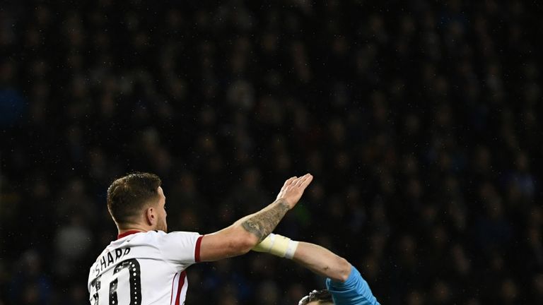 Billy Sharp of Sheffield United collides with goalkeeper Keiren Westwood of Sheffield Wednesday during the Sky Bet Championship match between Sheffield Wednesday and Sheffield United at Hillsborough Stadium on March 04, 2019 in Sheffield, England.