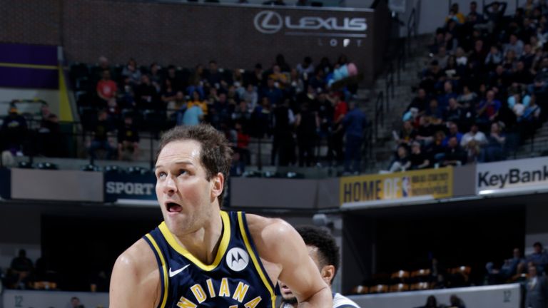 Bojan Bogdanovic #44 of the Indiana Pacers drives to the basket against the Denver Nuggets on March 24, 2019 at Bankers Life Fieldhouse in Indianapolis, Indiana.