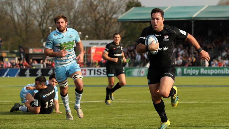 Saracens skipper Brad Barritt on his way to the tryline