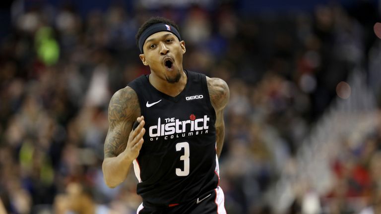 Bradley Beal #3 of the Washington Wizards celebrates after hitting a three pointer in the second half against the Memphis Grizzlies at Capital One Arena on March 16, 2019 in Washington, DC.