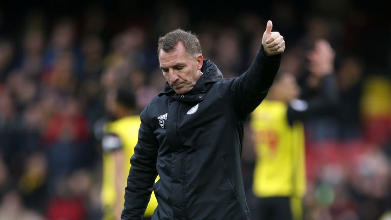 Leicester City manager Brendan Rodgers gestures after the Premier League match at Vicarage Road, Watford, Sunday 3 March, 2019