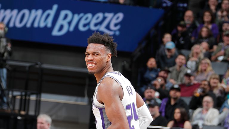 Buddy Hield #24 of the Sacramento Kings smiles during the game against the Phoenix Suns on March 23, 2019 at Golden 1 Center in Sacramento, California