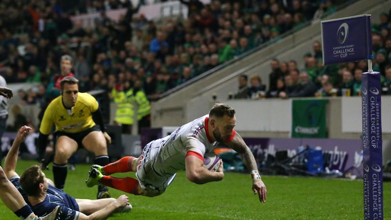 Byron McGuigan goes over to score for Sale against Connacht on Friday