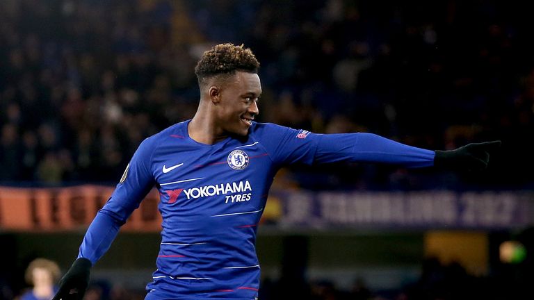 Chelsea&#39;s Callum Hudson-Odoi celebrates scoring his side&#39;s third goal of the game against Dynamo Kiev