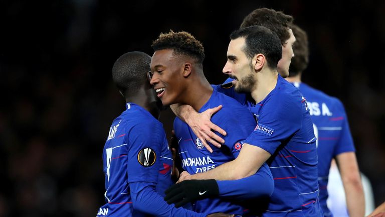 Callum Hudson-Odoi celebrates his goal for Chelsea against Dynamo Kiev at Stamford Bridge