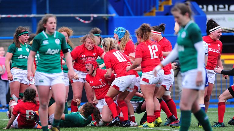 Carys Phillips scores for Wales during the Women's Six Nations against Ireland 