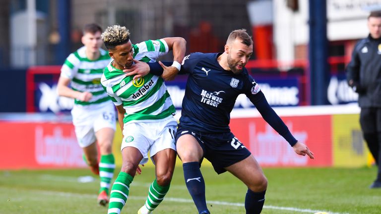 Celtic's Scott Sinclair and Dundee's Jamie Horsfield in action