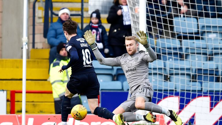 Dundee's Scott Wright sees his effort saved by Celtic goalkeeper Scott Bain