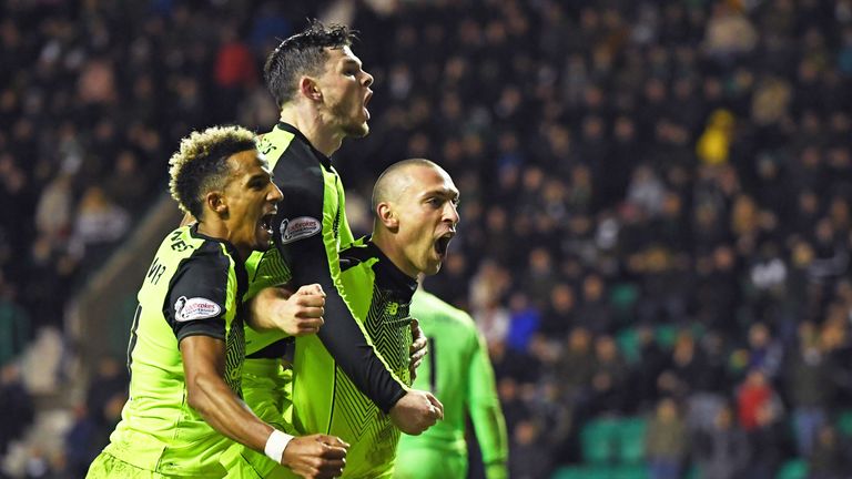 Celtic captain Scott Brown celebrates his goal with Oli Burke and Scott Sinclair