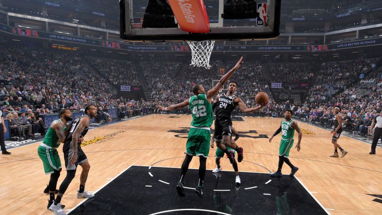 Buddy Hield of the Sacramento Kings shoots the ball against the Boston Celtics
