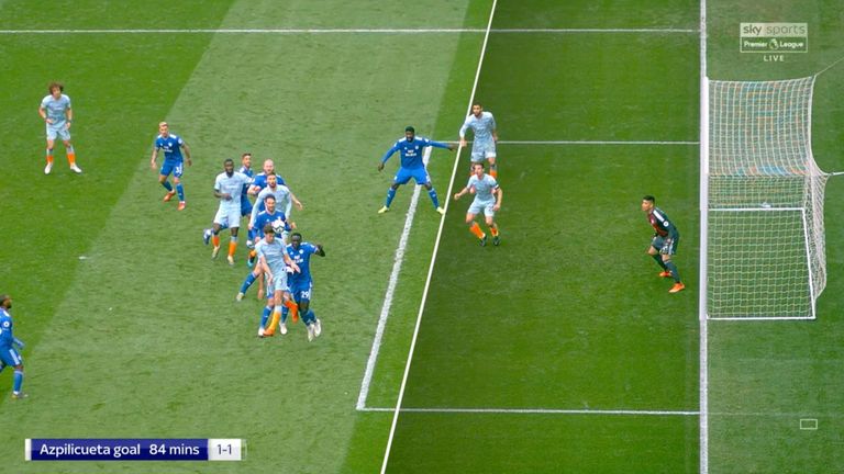 Cesar Azpilicueta met Marcos Alonso's flick-on in an offside position