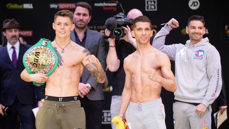 Charlie Edwards and Angel Moreno pose for the cameras following their weigh-in for Saturday's WBC flyweight title clash.