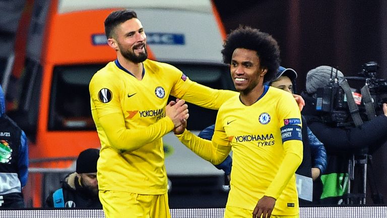 Hat-trick hero Olivier Giroud celebrates with Willian against Dynamo Kiev