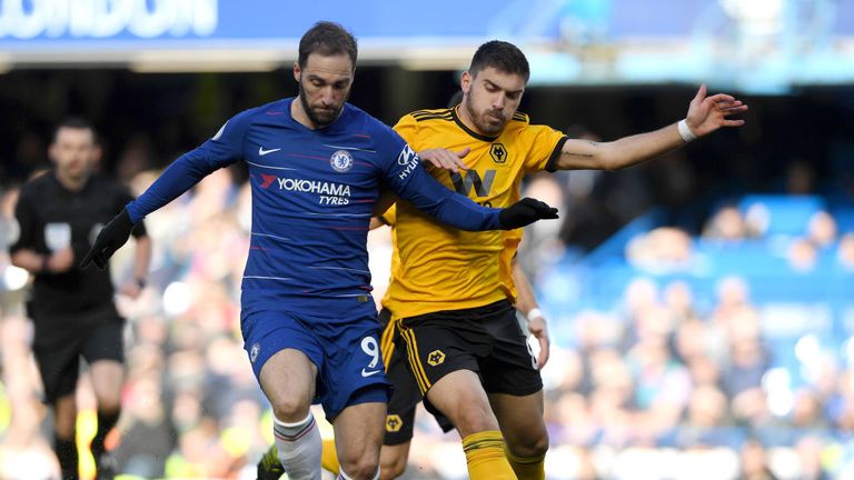 Ruben Neves tussles with Gonzalo Higuain in the first half
