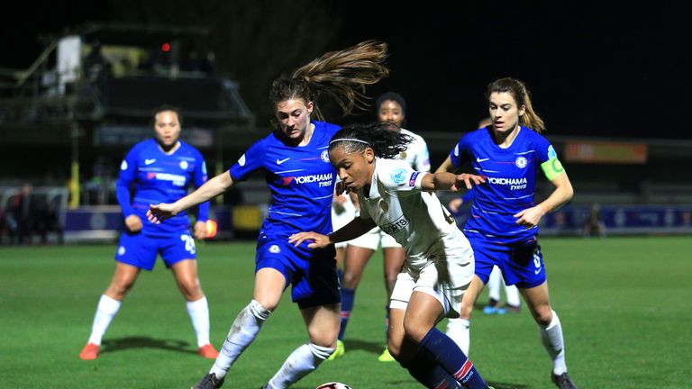 Chelsea Women beat Paris Saint Germain Feminines 2-0 in their Champions League quarter-final first-leg.