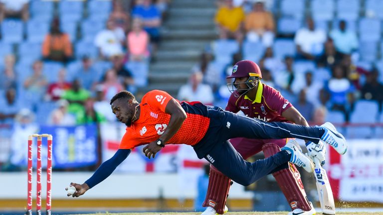 Chris Jordan took a stunning one-handed catch in England&#39;s T20I against Windies in St Lucia