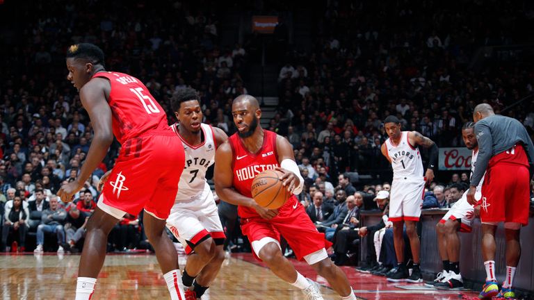 Chris Paul of the Houston Rockets handles the ball against the Toronto Raptors