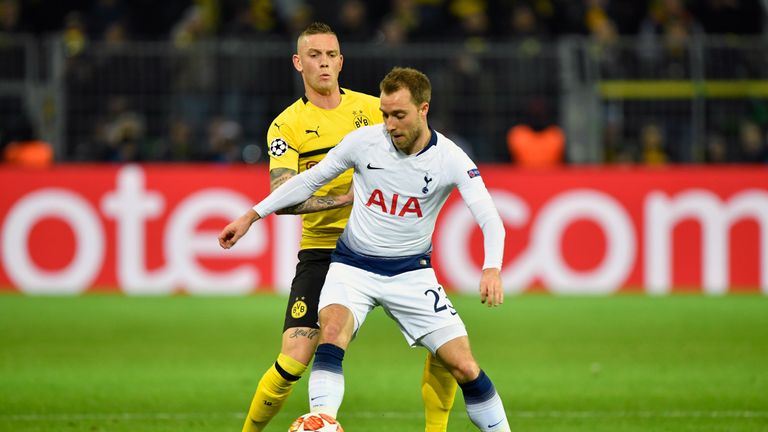 Christian Eriksen in possession during the Champions League last-16 match against Borussia Dortmund