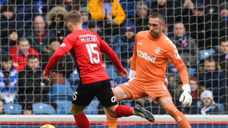 Connor McAleny rounds Rangers' keeper Allan McGregor to open the scoring for Kilmarnock.