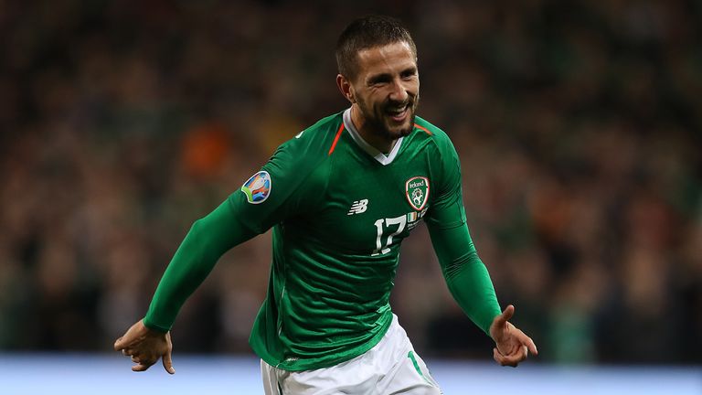 Conor Hourihane of Ireland celebrates scoring the opening goal during the 2020 UEFA European Championships group D qualifying match between Republic of Ireland and Georgia at Aviva Stadium on March 26, 2019 in Dublin, Ireland.