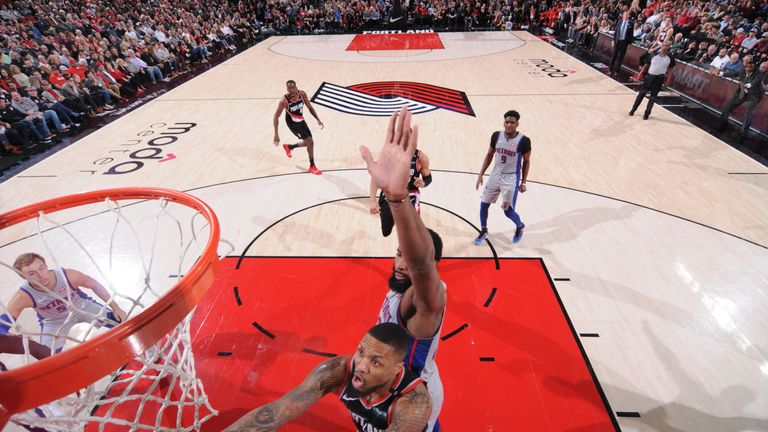 Damian Lillard #0 of the Portland Trail Blazers shoots the ball against the Detroit Pistons on March 23, 2019 at the Moda Center Arena in Portland, Oregon.