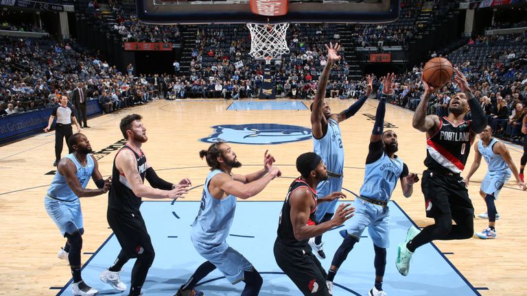 Damian Lillard of the Portland Trail Blazers goes to the basket against the Memphis Grizzlies