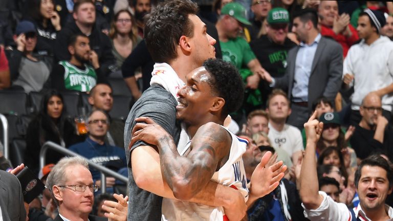 Danilo Gallinari #8, Lou Williams #23 of the LA Clippers hug each other during the game against the Boston Celtics on March 11, 2019 at STAPLES Center in Los Angeles, California.